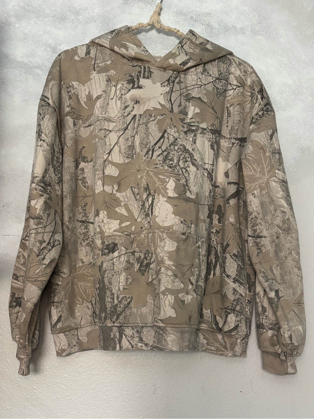 Leafy Camouflage Oversized Hoodie Sweatshirt Tan Small Cozy Neutral Baggy Top